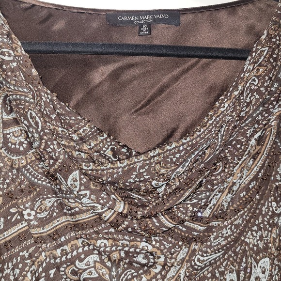 CARMEN MARC VALVO Silk Beaded Blouse Women's 10 Brown Blue Draped Neck Lined - Picture 6 of 15